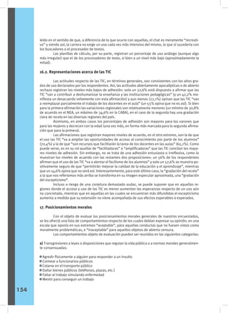 leído en el sentido de que, a diferencia de lo que ocurre con aquellas, el chat es meramente “recreati-
vo” y siendo así, la carrera no exige un uso cada vez más intensivo del mismo, lo que sí sucedería con
los buscadores o el procesador de textos.
	 Las planillas de cálculo, por su parte, registran un porcentaje de uso análogo (aunque algo
más irregular) que el de los procesadores de texto, si bien a un nivel más bajo (aproximadamente la
mitad).
16.2. Representaciones acerca de las TIC
	 Las actitudes respecto de las TIC, en términos generales, son consistentes con los altos gra-
dos de uso declarados por los respondentes. Así, las actitudes abiertamente apocalípticas o de abierto
rechazo registran los niveles más bajos de adhesión: solo un 32,6% está dispuesto a afirmar que las
TIC “van a contribuir a deshumanizar la enseñanza y las instituciones pedagógicas” (y un 42,2% ma-
nifiesta un desacuerdo vehemente con esta afirmación) y aun menos (22,1%) opinan que las TIC “van
a reemplazar parcialmente el trabajo de los docentes en el aula” (un 55% opina que no es así). Si bien
para la primera afirmación las variaciones regionales son relativamente menores (un mínimo de 30,8%
de acuerdo en el NEA, un máximo de 34,6% en la CABA), en el caso de la segunda hay una gradación
clara de recelo en las diversas regiones del país.
	 Asimismo, en ambos casos los porcentajes de adhesión son mayores para los varones que
para las mujeres y decrecen con la edad (una vez más, en forma más marcada para la segunda afirma-
ción que para la primera).
	 Las afirmaciones que registran mayores niveles de acuerdo, en el otro extremo, son la de que
el uso las TIC “va a ampliar las oportunidades de acceso al conocimiento por parte de los alumnos”
(70,4%) y la de que “son recursos que facilitarán la tarea de los docentes en las aulas” (65,1%). Como
puede verse, es en su rol auxiliar de “facilitadoras” o “amplificadoras” que las TIC concitan los mayo-
res niveles de adhesión. Sin embargo, no se trata de una adhesión entusiasta o irreflexiva, como lo
muestran los niveles de acuerdo con las restantes dos proposiciones: un 56% de los respondentes
afirman que el uso de las TIC “va a alentar el facilismo de los alumnos” y solo un 52,6% se muestra po-
sitivamente seguro de que “permitirán mejorar la calidad de la educación y el aprendizaje”, mientras
que un 14,6% opina que no será así. Interesantemente, para este último caso, la “gradación del recelo”
a la que nos referíamos más arriba se transforma en su imagen especular aproximada, una “gradación
del escepticismo”.
	 Incluso a riesgo de una conjetura demasiado audaz, se puede suponer que en aquellas re-
giones donde el acceso y uso de las TIC es menor aumentan las esperanzas respecto de un uso aún
no concretado, mientras que en aquellas en las cuales se encuentran más difundidas el escepticismo
aumenta a medida que su extensión no viene acompañada de sus efectos esperables o esperados.
17. Posicionamientos morales
	 Con el objeto de evaluar los posicionamientos morales generales de nuestros encuestados,
se les ofreció una lista de comportamientos respecto de los cuales debían expresar su opinión, en una
escala que oponía en sus extremos “aceptable”, para aquellas conductas que no fuesen vistas como
moralmente problemáticas, e “inaceptable” para aquellos objetos de abierta censura.
	 Los comportamientos objeto de evaluación pueden ser reunidos en las siguientes categorías:
a) Transgresiones a leyes o disposiciones que regulan la vida pública o a normas morales generalmen-
te consensuadas:
• Agredir físicamente a alguien para responder a un insulto
• Coimear a funcionarios públicos
• Colarse en el transporte público
• Dañar bienes públicos (teléfonos, plazas, etc.)
• Faltar al trabajo simulando enfermedad
• Mentir para conseguir un trabajo
154
 