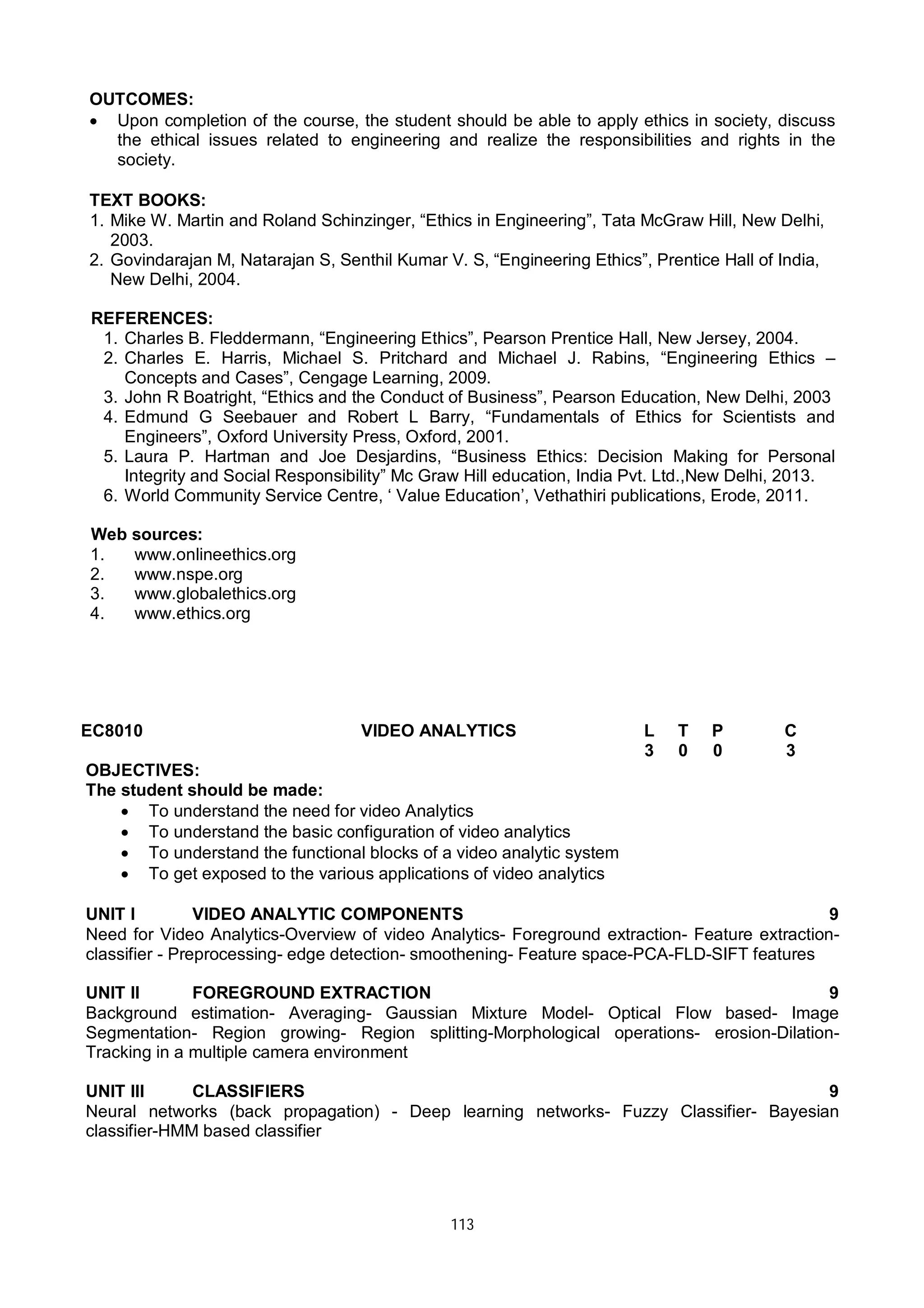 113
OUTCOMES:
 Upon completion of the course, the student should be able to apply ethics in society, discuss
the ethical issues related to engineering and realize the responsibilities and rights in the
society.
TEXT BOOKS:
1. Mike W. Martin and Roland Schinzinger, “Ethics in Engineering”, Tata McGraw Hill, New Delhi,
2003.
2. Govindarajan M, Natarajan S, Senthil Kumar V. S, “Engineering Ethics”, Prentice Hall of India,
New Delhi, 2004.
REFERENCES:
1. Charles B. Fleddermann, “Engineering Ethics”, Pearson Prentice Hall, New Jersey, 2004.
2. Charles E. Harris, Michael S. Pritchard and Michael J. Rabins, “Engineering Ethics –
Concepts and Cases”, Cengage Learning, 2009.
3. John R Boatright, “Ethics and the Conduct of Business”, Pearson Education, New Delhi, 2003
4. Edmund G Seebauer and Robert L Barry, “Fundamentals of Ethics for Scientists and
Engineers”, Oxford University Press, Oxford, 2001.
5. Laura P. Hartman and Joe Desjardins, “Business Ethics: Decision Making for Personal
Integrity and Social Responsibility” Mc Graw Hill education, India Pvt. Ltd.,New Delhi, 2013.
6. World Community Service Centre, ‘ Value Education’, Vethathiri publications, Erode, 2011.
Web sources:
1. www.onlineethics.org
2. www.nspe.org
3. www.globalethics.org
4. www.ethics.org
EC8010 VIDEO ANALYTICS L T P C
3 0 0 3
OBJECTIVES:
The student should be made:
 To understand the need for video Analytics
 To understand the basic configuration of video analytics
 To understand the functional blocks of a video analytic system
 To get exposed to the various applications of video analytics
UNIT I VIDEO ANALYTIC COMPONENTS 9
Need for Video Analytics-Overview of video Analytics- Foreground extraction- Feature extraction-
classifier - Preprocessing- edge detection- smoothening- Feature space-PCA-FLD-SIFT features
UNIT II FOREGROUND EXTRACTION 9
Background estimation- Averaging- Gaussian Mixture Model- Optical Flow based- Image
Segmentation- Region growing- Region splitting-Morphological operations- erosion-Dilation-
Tracking in a multiple camera environment
UNIT III CLASSIFIERS 9
Neural networks (back propagation) - Deep learning networks- Fuzzy Classifier- Bayesian
classifier-HMM based classifier
 
