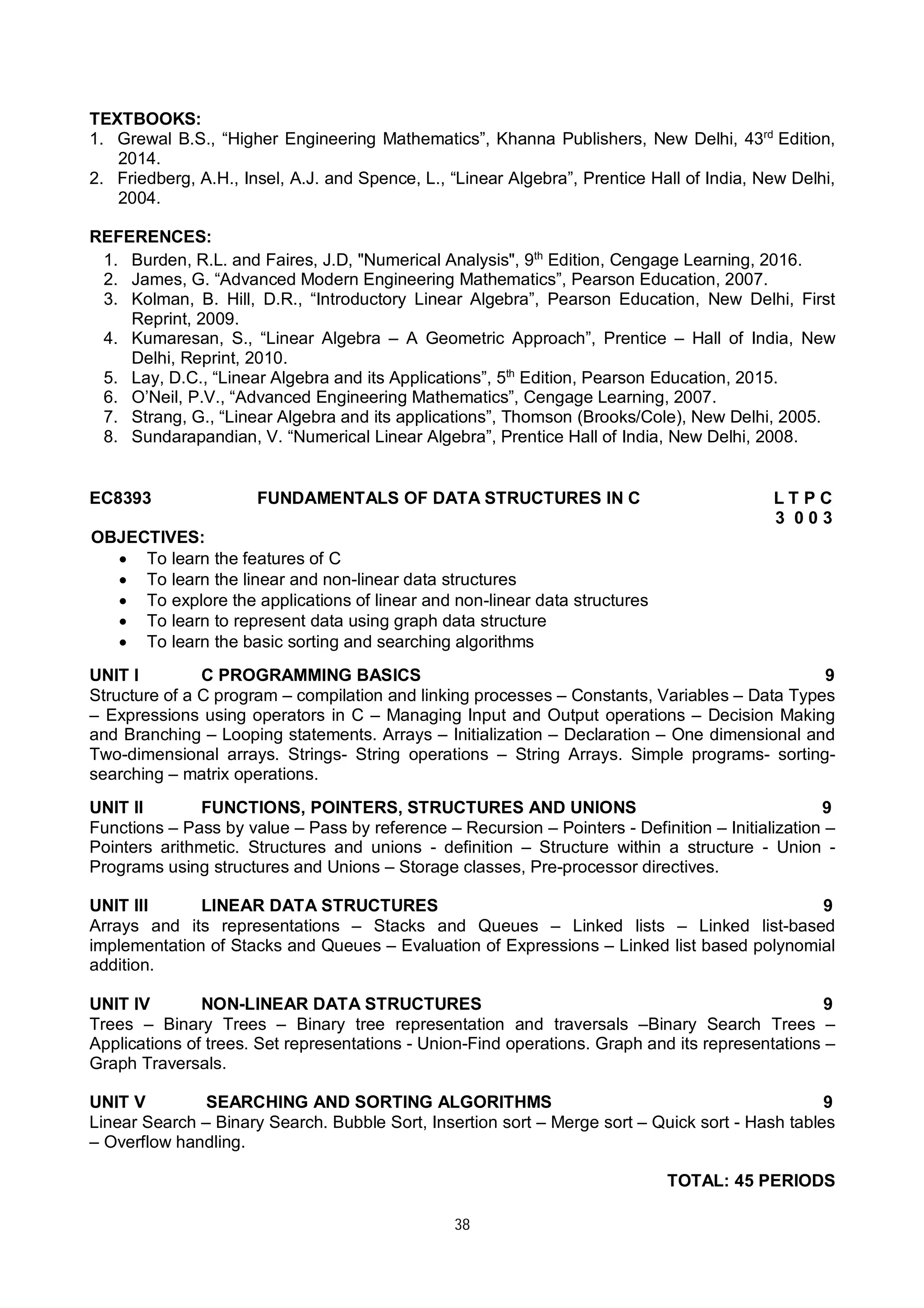 38
TEXTBOOKS:
1. Grewal B.S., “Higher Engineering Mathematics”, Khanna Publishers, New Delhi, 43rd
Edition,
2014.
2. Friedberg, A.H., Insel, A.J. and Spence, L., “Linear Algebra”, Prentice Hall of India, New Delhi,
2004.
REFERENCES:
1. Burden, R.L. and Faires, J.D, "Numerical Analysis", 9th
Edition, Cengage Learning, 2016.
2. James, G. “Advanced Modern Engineering Mathematics”, Pearson Education, 2007.
3. Kolman, B. Hill, D.R., “Introductory Linear Algebra”, Pearson Education, New Delhi, First
Reprint, 2009.
4. Kumaresan, S., “Linear Algebra – A Geometric Approach”, Prentice – Hall of India, New
Delhi, Reprint, 2010.
5. Lay, D.C., “Linear Algebra and its Applications”, 5th
Edition, Pearson Education, 2015.
6. O’Neil, P.V., “Advanced Engineering Mathematics”, Cengage Learning, 2007.
7. Strang, G., “Linear Algebra and its applications”, Thomson (Brooks/Cole), New Delhi, 2005.
8. Sundarapandian, V. “Numerical Linear Algebra”, Prentice Hall of India, New Delhi, 2008.
EC8393 FUNDAMENTALS OF DATA STRUCTURES IN C L T P C
3 0 0 3
OBJECTIVES:
 To learn the features of C
 To learn the linear and non-linear data structures
 To explore the applications of linear and non-linear data structures
 To learn to represent data using graph data structure
 To learn the basic sorting and searching algorithms
UNIT I C PROGRAMMING BASICS 9
Structure of a C program – compilation and linking processes – Constants, Variables – Data Types
– Expressions using operators in C – Managing Input and Output operations – Decision Making
and Branching – Looping statements. Arrays – Initialization – Declaration – One dimensional and
Two-dimensional arrays. Strings- String operations – String Arrays. Simple programs- sorting-
searching – matrix operations.
UNIT II FUNCTIONS, POINTERS, STRUCTURES AND UNIONS 9
Functions – Pass by value – Pass by reference – Recursion – Pointers - Definition – Initialization –
Pointers arithmetic. Structures and unions - definition – Structure within a structure - Union -
Programs using structures and Unions – Storage classes, Pre-processor directives.
UNIT III LINEAR DATA STRUCTURES 9
Arrays and its representations – Stacks and Queues – Linked lists – Linked list-based
implementation of Stacks and Queues – Evaluation of Expressions – Linked list based polynomial
addition.
UNIT IV NON-LINEAR DATA STRUCTURES 9
Trees – Binary Trees – Binary tree representation and traversals –Binary Search Trees –
Applications of trees. Set representations - Union-Find operations. Graph and its representations –
Graph Traversals.
UNIT V SEARCHING AND SORTING ALGORITHMS 9
Linear Search – Binary Search. Bubble Sort, Insertion sort – Merge sort – Quick sort - Hash tables
– Overflow handling.
TOTAL: 45 PERIODS
 