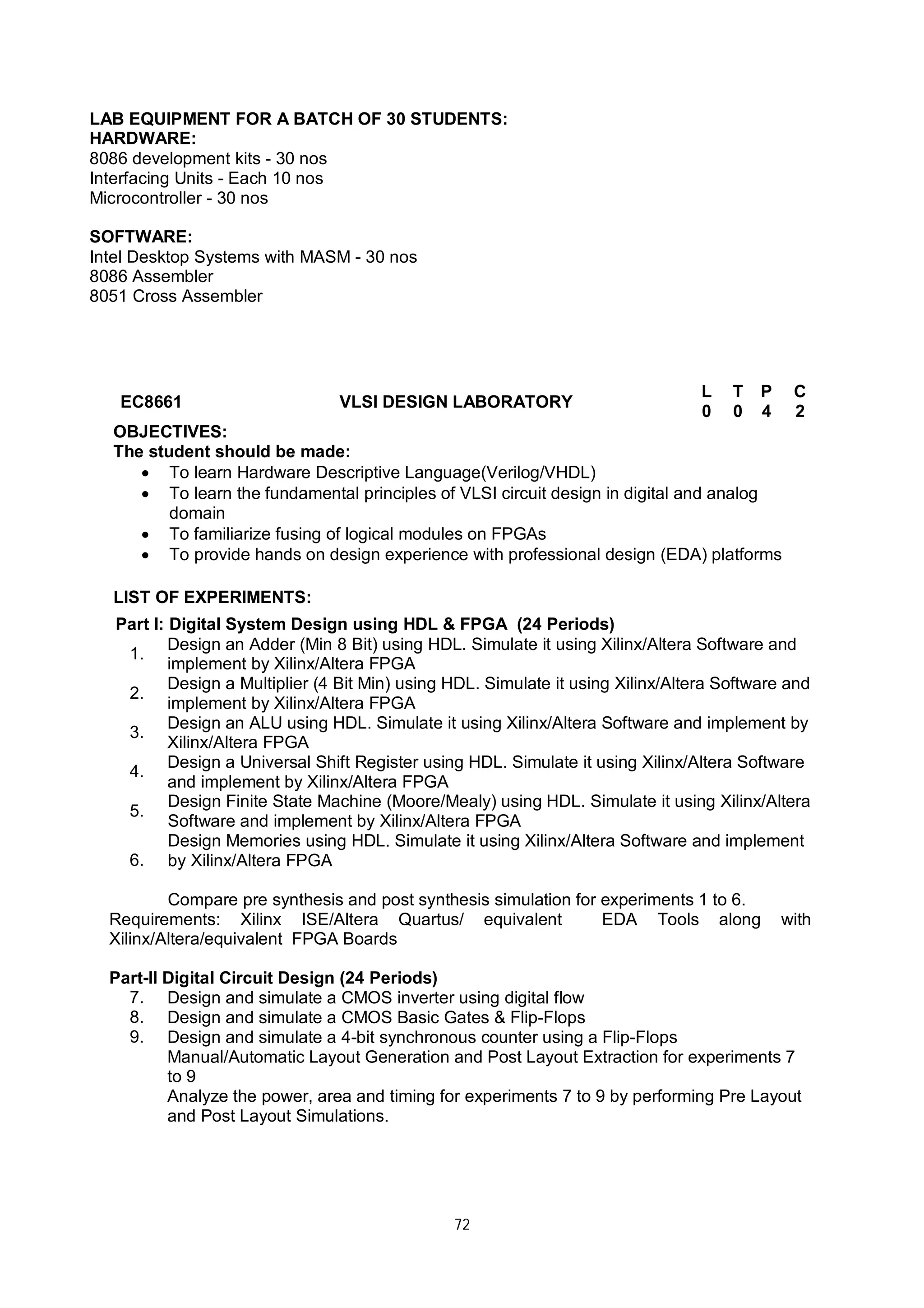 72
LAB EQUIPMENT FOR A BATCH OF 30 STUDENTS:
HARDWARE:
8086 development kits - 30 nos
Interfacing Units - Each 10 nos
Microcontroller - 30 nos
SOFTWARE:
Intel Desktop Systems with MASM - 30 nos
8086 Assembler
8051 Cross Assembler
EC8661 VLSI DESIGN LABORATORY
L T P C
0 0 4 2
OBJECTIVES:
The student should be made:
 To learn Hardware Descriptive Language(Verilog/VHDL)
 To learn the fundamental principles of VLSI circuit design in digital and analog
domain
 To familiarize fusing of logical modules on FPGAs
 To provide hands on design experience with professional design (EDA) platforms
LIST OF EXPERIMENTS:
Part I: Digital System Design using HDL & FPGA (24 Periods)
1.
Design an Adder (Min 8 Bit) using HDL. Simulate it using Xilinx/Altera Software and
implement by Xilinx/Altera FPGA
2.
Design a Multiplier (4 Bit Min) using HDL. Simulate it using Xilinx/Altera Software and
implement by Xilinx/Altera FPGA
3.
Design an ALU using HDL. Simulate it using Xilinx/Altera Software and implement by
Xilinx/Altera FPGA
4.
Design a Universal Shift Register using HDL. Simulate it using Xilinx/Altera Software
and implement by Xilinx/Altera FPGA
5.
Design Finite State Machine (Moore/Mealy) using HDL. Simulate it using Xilinx/Altera
Software and implement by Xilinx/Altera FPGA
6.
Design Memories using HDL. Simulate it using Xilinx/Altera Software and implement
by Xilinx/Altera FPGA
Compare pre synthesis and post synthesis simulation for experiments 1 to 6.
Requirements: Xilinx ISE/Altera Quartus/ equivalent EDA Tools along with
Xilinx/Altera/equivalent FPGA Boards
Part-II Digital Circuit Design (24 Periods)
7. Design and simulate a CMOS inverter using digital flow
8. Design and simulate a CMOS Basic Gates & Flip-Flops
9. Design and simulate a 4-bit synchronous counter using a Flip-Flops
Manual/Automatic Layout Generation and Post Layout Extraction for experiments 7
to 9
Analyze the power, area and timing for experiments 7 to 9 by performing Pre Layout
and Post Layout Simulations.
 