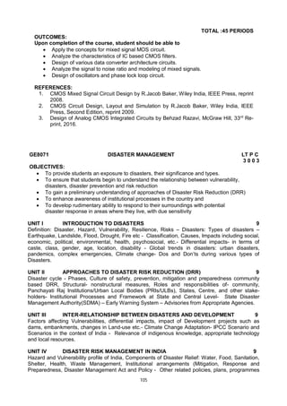 105
TOTAL :45 PERIODS
OUTCOMES:
Upon completion of the course, student should be able to
 Apply the concepts for mixed signal MOS circuit.
 Analyze the characteristics of IC based CMOS filters.
 Design of various data converter architecture circuits.
 Analyze the signal to noise ratio and modeling of mixed signals.
 Design of oscillators and phase lock loop circuit.
REFERENCES:
1. CMOS Mixed Signal Circuit Design by R.Jacob Baker, Wiley India, IEEE Press, reprint
2008.
2. CMOS Circuit Design, Layout and Simulation by R.Jacob Baker, Wiley India, IEEE
Press, Second Edition, reprint 2009.
3. Design of Analog CMOS Integrated Circuits by Behzad Razavi, McGraw Hill, 33rd
Re-
print, 2016.
GE8071 DISASTER MANAGEMENT LT P C
3 0 0 3
OBJECTIVES:
 To provide students an exposure to disasters, their significance and types.
 To ensure that students begin to understand the relationship between vulnerability,
disasters, disaster prevention and risk reduction
 To gain a preliminary understanding of approaches of Disaster Risk Reduction (DRR)
 To enhance awareness of institutional processes in the country and
 To develop rudimentary ability to respond to their surroundings with potential
disaster response in areas where they live, with due sensitivity
UNIT I INTRODUCTION TO DISASTERS 9
Definition: Disaster, Hazard, Vulnerability, Resilience, Risks – Disasters: Types of disasters –
Earthquake, Landslide, Flood, Drought, Fire etc - Classification, Causes, Impacts including social,
economic, political, environmental, health, psychosocial, etc.- Differential impacts- in terms of
caste, class, gender, age, location, disability - Global trends in disasters: urban disasters,
pandemics, complex emergencies, Climate change- Dos and Don’ts during various types of
Disasters.
UNIT II APPROACHES TO DISASTER RISK REDUCTION (DRR) 9
Disaster cycle - Phases, Culture of safety, prevention, mitigation and preparedness community
based DRR, Structural- nonstructural measures, Roles and responsibilities of- community,
Panchayati Raj Institutions/Urban Local Bodies (PRIs/ULBs), States, Centre, and other stake-
holders- Institutional Processes and Framework at State and Central Level- State Disaster
Management Authority(SDMA) – Early Warning System – Advisories from Appropriate Agencies.
UNIT III INTER-RELATIONSHIP BETWEEN DISASTERS AND DEVELOPMENT 9
Factors affecting Vulnerabilities, differential impacts, impact of Development projects such as
dams, embankments, changes in Land-use etc.- Climate Change Adaptation- IPCC Scenario and
Scenarios in the context of India - Relevance of indigenous knowledge, appropriate technology
and local resources.
UNIT IV DISASTER RISK MANAGEMENT IN INDIA 9
Hazard and Vulnerability profile of India, Components of Disaster Relief: Water, Food, Sanitation,
Shelter, Health, Waste Management, Institutional arrangements (Mitigation, Response and
Preparedness, Disaster Management Act and Policy - Other related policies, plans, programmes
 