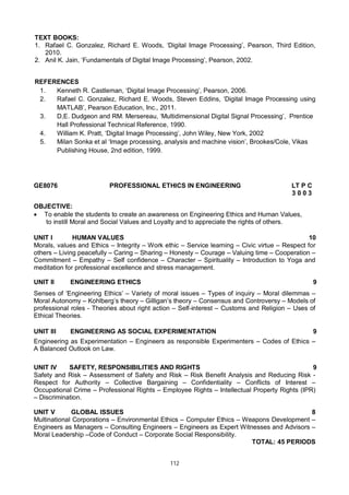 112
TEXT BOOKS:
1. Rafael C. Gonzalez, Richard E. Woods, ‘Digital Image Processing’, Pearson, Third Edition,
2010.
2. Anil K. Jain, ‘Fundamentals of Digital Image Processing’, Pearson, 2002.
REFERENCES
1. Kenneth R. Castleman, ‘Digital Image Processing’, Pearson, 2006.
2. Rafael C. Gonzalez, Richard E. Woods, Steven Eddins, ‘Digital Image Processing using
MATLAB’, Pearson Education, Inc., 2011.
3. D,E. Dudgeon and RM. Mersereau, ‘Multidimensional Digital Signal Processing’, Prentice
Hall Professional Technical Reference, 1990.
4. William K. Pratt, ‘Digital Image Processing’, John Wiley, New York, 2002
5. Milan Sonka et al ‘Image processing, analysis and machine vision’, Brookes/Cole, Vikas
Publishing House, 2nd edition, 1999.
GE8076 PROFESSIONAL ETHICS IN ENGINEERING LT P C
3 0 0 3
OBJECTIVE:
 To enable the students to create an awareness on Engineering Ethics and Human Values,
to instill Moral and Social Values and Loyalty and to appreciate the rights of others.
UNIT I HUMAN VALUES 10
Morals, values and Ethics – Integrity – Work ethic – Service learning – Civic virtue – Respect for
others – Living peacefully – Caring – Sharing – Honesty – Courage – Valuing time – Cooperation –
Commitment – Empathy – Self confidence – Character – Spirituality – Introduction to Yoga and
meditation for professional excellence and stress management.
UNIT II ENGINEERING ETHICS 9
Senses of ‘Engineering Ethics’ – Variety of moral issues – Types of inquiry – Moral dilemmas –
Moral Autonomy – Kohlberg’s theory – Gilligan’s theory – Consensus and Controversy – Models of
professional roles - Theories about right action – Self-interest – Customs and Religion – Uses of
Ethical Theories.
UNIT III ENGINEERING AS SOCIAL EXPERIMENTATION 9
Engineering as Experimentation – Engineers as responsible Experimenters – Codes of Ethics –
A Balanced Outlook on Law.
UNIT IV SAFETY, RESPONSIBILITIES AND RIGHTS 9
Safety and Risk – Assessment of Safety and Risk – Risk Benefit Analysis and Reducing Risk -
Respect for Authority – Collective Bargaining – Confidentiality – Conflicts of Interest –
Occupational Crime – Professional Rights – Employee Rights – Intellectual Property Rights (IPR)
– Discrimination.
UNIT V GLOBAL ISSUES 8
Multinational Corporations – Environmental Ethics – Computer Ethics – Weapons Development –
Engineers as Managers – Consulting Engineers – Engineers as Expert Witnesses and Advisors –
Moral Leadership –Code of Conduct – Corporate Social Responsibility.
TOTAL: 45 PERIODS
 