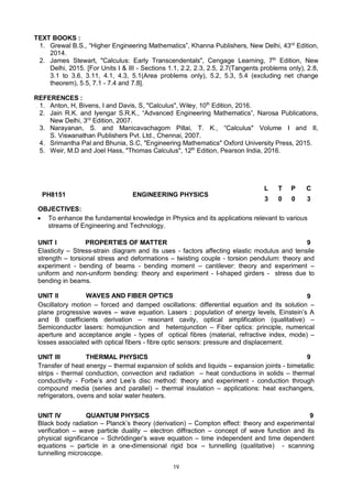 19
TEXT BOOKS :
1. Grewal B.S., “Higher Engineering Mathematics”, Khanna Publishers, New Delhi, 43rd
Edition,
2014.
2. James Stewart, "Calculus: Early Transcendentals", Cengage Learning, 7th
Edition, New
Delhi, 2015. [For Units I & III - Sections 1.1, 2.2, 2.3, 2.5, 2.7(Tangents problems only), 2.8,
3.1 to 3.6, 3.11, 4.1, 4.3, 5.1(Area problems only), 5.2, 5.3, 5.4 (excluding net change
theorem), 5.5, 7.1 - 7.4 and 7.8].
REFERENCES :
1. Anton, H, Bivens, I and Davis, S, "Calculus", Wiley, 10th
Edition, 2016.
2. Jain R.K. and Iyengar S.R.K., “Advanced Engineering Mathematics”, Narosa Publications,
New Delhi, 3rd
Edition, 2007.
3. Narayanan, S. and Manicavachagom Pillai, T. K., “Calculus" Volume I and II,
S. Viswanathan Publishers Pvt. Ltd., Chennai, 2007.
4. Srimantha Pal and Bhunia, S.C, "Engineering Mathematics" Oxford University Press, 2015.
5. Weir, M.D and Joel Hass, "Thomas Calculus", 12th
Edition, Pearson India, 2016.
PH8151 ENGINEERING PHYSICS
L T P C
3 0 0 3
OBJECTIVES:
 To enhance the fundamental knowledge in Physics and its applications relevant to various
streams of Engineering and Technology.
UNIT I PROPERTIES OF MATTER 9
Elasticity – Stress-strain diagram and its uses - factors affecting elastic modulus and tensile
strength – torsional stress and deformations – twisting couple - torsion pendulum: theory and
experiment - bending of beams - bending moment – cantilever: theory and experiment –
uniform and non-uniform bending: theory and experiment - I-shaped girders - stress due to
bending in beams.
UNIT II WAVES AND FIBER OPTICS 9
Oscillatory motion – forced and damped oscillations: differential equation and its solution –
plane progressive waves – wave equation. Lasers : population of energy levels, Einstein’s A
and B coefficients derivation – resonant cavity, optical amplification (qualitative) –
Semiconductor lasers: homojunction and heterojunction – Fiber optics: principle, numerical
aperture and acceptance angle - types of optical fibres (material, refractive index, mode) –
losses associated with optical fibers - fibre optic sensors: pressure and displacement.
UNIT III THERMAL PHYSICS 9
Transfer of heat energy – thermal expansion of solids and liquids – expansion joints - bimetallic
strips - thermal conduction, convection and radiation – heat conductions in solids – thermal
conductivity - Forbe’s and Lee’s disc method: theory and experiment - conduction through
compound media (series and parallel) – thermal insulation – applications: heat exchangers,
refrigerators, ovens and solar water heaters.
UNIT IV QUANTUM PHYSICS 9
Black body radiation – Planck’s theory (derivation) – Compton effect: theory and experimental
verification – wave particle duality – electron diffraction – concept of wave function and its
physical significance – Schrödinger’s wave equation – time independent and time dependent
equations – particle in a one-dimensional rigid box – tunnelling (qualitative) - scanning
tunnelling microscope.
 