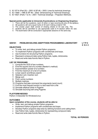 25
3. IS 10714 (Part 20) – 2001 & SP 46 – 2003: Lines for technical drawings.
4. IS 11669 – 1986 & SP 46 – 2003: Dimensioning of Technical Drawings.
5. IS 15021 (Parts 1 to 4) – 2001: Technical drawings – Projection Methods.
Special points applicable to University Examinations on Engineering Graphics:
1. There will be five questions, each of either or type covering all units of the syllabus.
2. All questions will carry equal marks of 20 each making a total of 100.
3. The answer paper shall consist of drawing sheets of A3 size only. The
4. students will be permitted to use appropriate scale to fit solution within A3 size.
5. The examination will be conducted in appropriate sessions on the same day
GE8161 PROBLEM SOLVING ANDPYTHON PROGRAMMING LABORATORY L T P C
0 0 4 2
OBJECTIVES
 To write, test, and debug simple Python programs.
 To implement Python programs with conditionals and loops.
 Use functions for structuring Python programs.
 Represent compound data using Python lists, tuples, dictionaries.
 Read and write data from/to files in Python.
LIST OF PROGRAMS
1. Compute the GCD of two numbers.
2. Find the square root of a number (Newton’s method)
3. Exponentiation (power of a number)
4. Find the maximum of a list of numbers
5. Linear search and Binary search
6. Selection sort, Insertion sort
7. Merge sort
8. First n prime numbers
9. Multiply matrices
10. Programs that take command line arguments (word count)
11. Find the most frequent words in a text read from a file
12. Simulate elliptical orbits in Pygame
13. Simulate bouncing ball using Pygame
PLATFORM NEEDED
Python 3 interpreter for Windows/Linux
OUTCOMES
Upon completion of the course, students will be able to:
 Write, test, and debug simple Python programs.
 Implement Python programs with conditionals and loops.
 Develop Python programs step-wise by defining functions and calling them.
 Use Python lists, tuples, dictionaries for representing compound data.
 Read and write data from/to files in Python.
TOTAL: 60 PERIODS
 