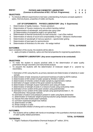 26
BS8161 PHYSICS AND CHEMISTRY LABORATORY
(Common to all branches of B.E. / B.Tech Programmes)
L T P C
0 0 4 2
OBJECTIVES:
 To introduce different experiments to test basic understanding of physics concepts applied in
optics, thermal physics, properties of matter and liquids.
LIST OF EXPERIMENTS: PHYSICS LABORATORY (Any 5 Experiments)
1. Determination of rigidity modulus – Torsion pendulum
2. Determination of Young’s modulus by non-uniform bending method
3. (a) Determination of wavelength, and particle size using Laser
(b) Determination of acceptance angle in an optical fiber.
4. Determination of thermal conductivity of a bad conductor – Lee’s Disc method.
5. Determination of velocity of sound and compressibility of liquid – Ultrasonic interferometer
6. Determination of wavelength of mercury spectrum – spectrometer grating
7. Determination of band gap of a semiconductor
8. Determination of thickness of a thin wire – Air wedge method
TOTAL: 30 PERIODS
OUTCOMES:
Upon completion of the course, the students will be able to
 apply principles of elasticity, optics and thermal properties for engineering applications.
CHEMISTRY LABORATORY: (Any seven experiments to be conducted)
OBJECTIVES:
 To make the student to acquire practical skills in the determination of water quality
parameters through volumetric and instrumental analysis.
 To acquaint the students with the determination of molecular weight of a polymer by
viscometery.
1. Estimation of HCl using Na2CO3 as primary standard and Determination of alkalinity in water
sample.
2. Determination of total, temporary & permanent hardness of water by EDTA method.
3. Determination of DO content of water sample by Winkler’s method.
4. Determination of chloride content of water sample by argentometric method.
5. Estimation of copper content of the given solution by Iodometry.
6. Determination of strength of given hydrochloric acid using pH meter.
7. Determination of strength of acids in a mixture of acids using conductivity meter.
8. Estimation of iron content of the given solution using potentiometer.
9. Estimation of iron content of the water sample using spectrophotometer (1, 10-
Phenanthroline / thiocyanate method).
10. Estimation of sodium and potassium present in water using flame photometer.
11. Determination of molecular weight of polyvinyl alcohol using Ostwald viscometer.
12. Pseudo first order kinetics-ester hydrolysis.
13. Corrosion experiment-weight loss method.
14. Determination of CMC.
15. Phase change in a solid.
16. Conductometric titration of strong acid vs strong base.
OUTCOMES:
 The students will be outfitted with hands-on knowledge in the quantitative chemical analysis
of water quality related parameters.
TOTAL: 30 PERIODS
TEXTBOOKS:
1. Vogel’s Textbook of Quantitative Chemical Analysis (8TH
edition, 2014)
 