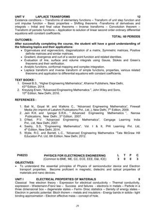 29
UNIT V LAPLACE TRANSFORMS 12
Existence conditions – Transforms of elementary functions – Transform of unit step function and
unit impulse function – Basic properties – Shifting theorems -Transforms of derivatives and
integrals – Initial and final value theorems – Inverse transforms – Convolution theorem –
Transform of periodic functions – Application to solution of linear second order ordinary differential
equations with constant coefficients.
TOTAL: 60 PERIODS
OUTCOMES:
After successfully completing the course, the student will have a good understanding of
the following topics and their applications:
 Eigenvalues and eigenvectors, diagonalization of a matrix, Symmetric matrices, Positive
definite matrices and similar matrices.
 Gradient, divergence and curl of a vector point function and related identities.
 Evaluation of line, surface and volume integrals using Gauss, Stokes and Green’s
theorems and their verification.
 Analytic functions, conformal mapping and complex integration.
 Laplace transform and inverse transform of simple functions, properties, various related
theorems and application to differential equations with constant coefficients.
TEXT BOOKS :
1. Grewal B.S., “Higher Engineering Mathematics”, Khanna Publishers, New Delhi,
43rd
Edition, 2014.
2. Kreyszig Erwin, "Advanced Engineering Mathematics ", John Wiley and Sons,
10th
Edition, New Delhi, 2016.
REFERENCES :
1. Bali N., Goyal M. and Watkins C., “Advanced Engineering Mathematics”, Firewall
Media (An imprint of Lakshmi Publications Pvt., Ltd.,), New Delhi, 7th
Edition, 2009.
2. Jain R.K. and Iyengar S.R.K., “ Advanced Engineering Mathematics ”, Narosa
Publications, New Delhi , 3rd
Edition, 2007.
3. O’Neil, P.V. “Advanced Engineering Mathematics”, Cengage Learning India
Pvt., Ltd, New Delhi, 2007.
4. Sastry, S.S, “Engineering Mathematics", Vol. I & II, PHI Learning Pvt. Ltd,
4th
Edition, New Delhi, 2014.
5. Wylie, R.C. and Barrett, L.C., “Advanced Engineering Mathematics “Tata McGraw Hill
Education Pvt. Ltd, 6th Edition, New Delhi, 2012.
PH8253 PHYSICS FOR ELECTRONICS ENGINEERING
(Common to BME, ME, CC, ECE, EEE, E&I, ICE)
L T P C
3 0 0 3
OBJECTIVES:
 To understand the essential principles of Physics of semiconductor device and Electron
transport properties. Become proficient in magnetic, dielectric and optical properties of
materials and nano devices.
UNIT I ELECTRICAL PROPERTIES OF MATERIALS 9
Classical free electron theory - Expression for electrical conductivity – Thermal conductivity,
expression - Wiedemann-Franz law – Success and failures - electrons in metals – Particle in a
three dimensional box – degenerate states – Fermi- Dirac statistics – Density of energy states –
Electron in periodic potential: Bloch thorem – metals and insulators - Energy bands in solids– tight
binding approximation - Electron effective mass – concept of hole.
 