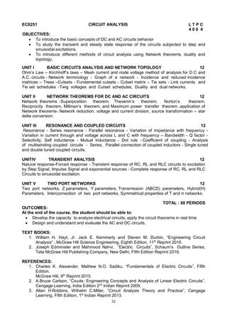 32
EC8251 CIRCUIT ANALYSIS L T P C
4 0 0 4
OBJECTIVES:
 To introduce the basic concepts of DC and AC circuits behavior
 To study the transient and steady state response of the circuits subjected to step and
sinusoidal excitations.
 To introduce different methods of circuit analysis using Network theorems, duality and
topology.
UNIT I BASIC CIRCUITS ANALYSIS AND NETWORK TOPOLOGY 12
Ohm’s Law – Kirchhoff’s laws – Mesh current and node voltage method of analysis for D.C and
A.C. circuits - Network terminology - Graph of a network - Incidence and reduced incidence
matrices – Trees –Cutsets - Fundamental cutsets - Cutset matrix – Tie sets - Link currents and
Tie set schedules -Twig voltages and Cutset schedules, Duality and dual networks.
UNIT II NETWORK THEOREMS FOR DC AND AC CIRCUITS 12
Network theorems -Superposition theorem, Thevenin’s theorem, Norton’s theorem,
Reciprocity theorem, Millman’s theorem, and Maximum power transfer theorem ,application of
Network theorems- Network reduction: voltage and current division, source transformation – star
delta conversion.
UNIT III RESONANCE AND COUPLED CIRCUITS 12
Resonance - Series resonance - Parallel resonance - Variation of impedance with frequency -
Variation in current through and voltage across L and C with frequency – Bandwidth - Q factor -
Selectivity. Self inductance - Mutual inductance - Dot rule - Coefficient of coupling - Analysis
of multiwinding coupled circuits - Series, Parallel connection of coupled inductors - Single tuned
and double tuned coupled circuits.
UNITIV TRANSIENT ANALYSIS 12
Natural response-Forced response - Transient response of RC, RL and RLC circuits to excitation
by Step Signal, Impulse Signal and exponential sources - Complete response of RC, RL and RLC
Circuits to sinusoidal excitation.
UNIT V TWO PORT NETWORKS 12
Two port networks, Z parameters, Y parameters, Transmission (ABCD) parameters, Hybrid(H)
Parameters, Interconnection of two port networks, Symmetrical properties of T and π networks.
TOTAL : 60 PERIODS
OUTCOMES:
At the end of the course, the student should be able to:
 Develop the capacity to analyze electrical circuits, apply the circuit theorems in real time
 Design and understand and evaluate the AC and DC circuits.
TEXT BOOKS:
1. William H. Hayt, Jr. Jack E. Kemmerly and Steven M. Durbin, “Engineering Circuit
Analysis” , McGraw Hill Science Engineering, Eighth Edition, 11th
Reprint 2016.
2. Joseph Edminister and Mahmood Nahvi, “Electric Circuits”, Schaum’s Outline Series,
Tata McGraw Hill Publishing Company, New Delhi, Fifth Edition Reprint 2016.
REFERENCES:
1. Charles K. Alexander, Mathew N.O. Sadiku, “Fundamentals of Electric Circuits”, Fifth
Edition,
McGraw Hill, 9th
Reprint 2015.
2. A.Bruce Carlson, “Cicuits: Engineering Concepts and Analysis of Linear Electric Circuits”,
Cengage Learning, India Edition 2nd
Indian Reprint 2009.
3. Allan H.Robbins, Wilhelm C.Miller, “Circuit Analysis Theory and Practice”, Cengage
Learning, Fifth Edition, 1st
Indian Reprint 2013.
 
