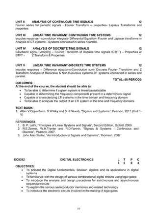 41
UNIT II ANALYSIS OF CONTINUOUS TIME SIGNALS 12
Fourier series for periodic signals - Fourier Transform – properties- Laplace Transforms and
properties
UNIT III LINEAR TIME INVARIANT CONTINUOUS TIME SYSTEMS 12
Impulse response - convolution integrals- Differential Equation- Fourier and Laplace transforms in
Analysis of CT systems - Systems connected in series / parallel.
UNIT IV ANALYSIS OF DISCRETE TIME SIGNALS 12
Baseband signal Sampling – Fourier Transform of discrete time signals (DTFT) – Properties of
DTFT - Z Transform & Properties
UNIT V LINEAR TIME INVARIANT-DISCRETE TIME SYSTEMS 12
Impulse response – Difference equations-Convolution sum- Discrete Fourier Transform and Z
Transform Analysis of Recursive & Non-Recursive systems-DT systems connected in series and
parallel.
TOTAL: 60 PERIODS
OUTCOMES:
At the end of the course, the student should be able to:
 To be able to determine if a given system is linear/causal/stable
 Capable of determining the frequency components present in a deterministic signal
 Capable of characterizing LTI systems in the time domain and frequency domain
 To be able to compute the output of an LTI system in the time and frequency domains
TEXT BOOK:
1. Allan V.Oppenheim, S.Wilsky and S.H.Nawab, “Signals and Systems”, Pearson, 2015.(Unit 1-
V)
REFERENCES
1. B. P. Lathi, “Principles of Linear Systems and Signals”, Second Edition, Oxford, 2009.
2. R.E.Zeimer, W.H.Tranter and R.D.Fannin, “Signals & Systems - Continuous and
Discrete”, Pearson, 2007.
3. John Alan Stuller, “An Introduction to Signals and Systems”, Thomson, 2007.
EC8392 DIGITAL ELECTRONICS L T P C
3 0 0 3
OBJECTIVES:
 To present the Digital fundamentals, Boolean algebra and its applications in digital
systems
 To familiarize with the design of various combinational digital circuits using logic gates
 To introduce the analysis and design procedures for synchronous and asynchronous
sequential circuits
 To explain the various semiconductor memories and related technology
 To introduce the electronic circuits involved in the making of logic gates
 