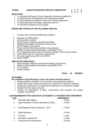 57
EC8462 LINEAR INTEGRATED CIRCUITS LABORATORY L T P C
0 0 4 2
OBJECTIVES:
 To understand the basics of linear integrated circuits and available ICs
 To understand the characteristics of the operational amplifier.
 To apply operational amplifiers in linear and nonlinear applications.
 To acquire the basic knowledge of special function IC.
 To use SPICE software for circuit design
DESIGN AND TESTING OF THE FOLLOWING CIRCUITS
1. Inverting, Non inverting and differential amplifiers.
2. Integrator and Differentiator.
3. Instrumentation amplifier
4. Active low-pass, High-pass and band-pass filters.
5. Astable & Monostable multivibrators using Op-amp
6. Schmitt Trigger using op-amp.
7. Phase shift and Wien bridge oscillators using Op-amp.
8. Astable and Monostable multivibrators using NE555 Timer.
9. PLL characteristics and its use as Frequency Multiplier, Clock synchronization
10. R-2R Ladder Type D- A Converter using Op-amp.
11. DC power supply using LM317 and LM723.
12. Study of SMPS
SIMULATION USING SPICE:
1. Active low-pass, High-pass and band-pass filters using Op-amp
2. Astable and Monostable multivibrators using NE555 Timer.
3. A/ D converter
4. Analog multiplier
TOTAL: 60 PERIODS
OUTCOMES:
On completion of this laboratory course, the student should be able to:
 Design amplifiers, oscillators, D-A converters using operational amplifiers.
 Design filters using op-amp and performs an experiment on frequency response.
 Analyze the working of PLL and describe its application as a frequency multiplier.
 Design DC power supply using ICs.
 Analyze the performance of filters, multivibrators, A/D converter and analog
multiplier using SPICE.
LAB REQUIREMENT FOR A BATCH OF 30 STUDENTS / 2 STUDENTS PER EXPERIMENT:
S.NO EQUIPMENTS
1 CRO/DSO (Min 30MHz) -- 15 Nos
2 Signal Generator /Function Generators (2 MHz) – 15 Nos
3 Dual Regulated Power Supplies (0 – 30V) -- 15 Nos
4 Digital Multimeter -- 15 Nos
5 IC Tester -- 5 Nos
6 Standalone desktops PC -- 15 Nos
7 Components and Accessories – 50 Nos
 