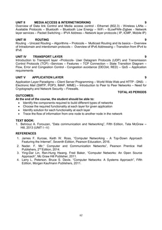 62
UNIT II MEDIA ACCESS & INTERNETWORKING 9
Overview of Data link Control and Media access control - Ethernet (802.3) - Wireless LANs –
Available Protocols – Bluetooth – Bluetooth Low Energy – WiFi – 6LowPAN–Zigbee - Network
layer services – Packet Switching – IPV4 Address – Network layer protocols ( IP, ICMP, Mobile IP)
UNIT III ROUTING 9
Routing - Unicast Routing – Algorithms – Protocols – Multicast Routing and its basics – Overview
of Intradomain and interdomain protocols – Overview of IPv6 Addressing – Transition from IPv4 to
IPv6
UNIT IV TRANSPORT LAYER 9
Introduction to Transport layer –Protocols- User Datagram Protocols (UDP) and Transmission
Control Protocols (TCP) –Services – Features – TCP Connection – State Transition Diagram –
Flow, Error and Congestion Control - Congestion avoidance (DECbit, RED) – QoS – Application
requirements
UNIT V APPLICATION LAYER 9
Application Layer Paradigms – Client Server Programming – World Wide Web and HTTP - DNS- -
Electronic Mail (SMTP, POP3, IMAP, MIME) – Introduction to Peer to Peer Networks – Need for
Cryptography and Network Security – Firewalls.
TOTAL:45 PERIODS
OUTCOMES:
At the end of the course, the student should be able to:
 Identify the components required to build different types of networks
 Choose the required functionality at each layer for given application
 Identify solution for each functionality at each layer
 Trace the flow of information from one node to another node in the network
TEXT BOOK:
1. Behrouz A. Forouzan, “Data communication and Networking”, Fifth Edition, Tata McGraw –
Hill, 2013 (UNIT I –V)
REFERENCES
1. James F. Kurose, Keith W. Ross, “Computer Networking - A Top-Down Approach
Featuring the Internet”, Seventh Edition, Pearson Education, 2016.
2. Nader. F. Mir,“ Computer and Communication Networks”, Pearson Prentice Hall
Publishers, 2nd
Edition, 2014.
3. Ying-Dar Lin, Ren-Hung Hwang, Fred Baker, “Computer Networks: An Open Source
Approach”, Mc Graw Hill Publisher, 2011.
4. Larry L. Peterson, Bruce S. Davie, “Computer Networks: A Systems Approach”, Fifth
Edition, Morgan Kaufmann Publishers, 2011.
 
