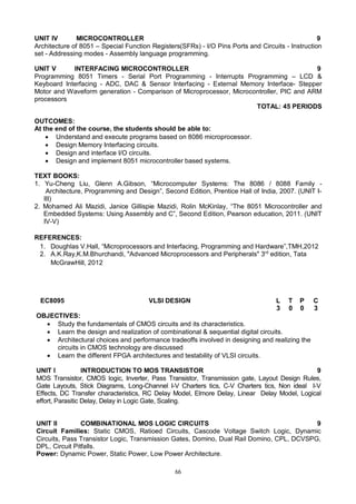 66
UNIT IV MICROCONTROLLER 9
Architecture of 8051 – Special Function Registers(SFRs) - I/O Pins Ports and Circuits - Instruction
set - Addressing modes - Assembly language programming.
UNIT V INTERFACING MICROCONTROLLER 9
Programming 8051 Timers - Serial Port Programming - Interrupts Programming – LCD &
Keyboard Interfacing - ADC, DAC & Sensor Interfacing - External Memory Interface- Stepper
Motor and Waveform generation - Comparison of Microprocessor, Microcontroller, PIC and ARM
processors
TOTAL: 45 PERIODS
OUTCOMES:
At the end of the course, the students should be able to:
 Understand and execute programs based on 8086 microprocessor.
 Design Memory Interfacing circuits.
 Design and interface I/O circuits.
 Design and implement 8051 microcontroller based systems.
TEXT BOOKS:
1. Yu-Cheng Liu, Glenn A.Gibson, “Microcomputer Systems: The 8086 / 8088 Family -
Architecture, Programming and Design”, Second Edition, Prentice Hall of India, 2007. (UNIT I-
III)
2. Mohamed Ali Mazidi, Janice Gillispie Mazidi, Rolin McKinlay, “The 8051 Microcontroller and
Embedded Systems: Using Assembly and C”, Second Edition, Pearson education, 2011. (UNIT
IV-V)
REFERENCES:
1. Doughlas V.Hall, “Microprocessors and Interfacing, Programming and Hardware”,TMH,2012
2. A.K.Ray,K.M.Bhurchandi, "Advanced Microprocessors and Peripherals" 3rd
edition, Tata
McGrawHill, 2012
EC8095 VLSI DESIGN L T P C
3 0 0 3
OBJECTIVES:
 Study the fundamentals of CMOS circuits and its characteristics.
 Learn the design and realization of combinational & sequential digital circuits.
 Architectural choices and performance tradeoffs involved in designing and realizing the
circuits in CMOS technology are discussed
 Learn the different FPGA architectures and testability of VLSI circuits.
UNIT I INTRODUCTION TO MOS TRANSISTOR 9
MOS Transistor, CMOS logic, Inverter, Pass Transistor, Transmission gate, Layout Design Rules,
Gate Layouts, Stick Diagrams, Long-Channel I-V Charters tics, C-V Charters tics, Non ideal I-V
Effects, DC Transfer characteristics, RC Delay Model, Elmore Delay, Linear Delay Model, Logical
effort, Parasitic Delay, Delay in Logic Gate, Scaling.
UNIT II COMBINATIONAL MOS LOGIC CIRCUITS 9
Circuit Families: Static CMOS, Ratioed Circuits, Cascode Voltage Switch Logic, Dynamic
Circuits, Pass Transistor Logic, Transmission Gates, Domino, Dual Rail Domino, CPL, DCVSPG,
DPL, Circuit Pitfalls.
Power: Dynamic Power, Static Power, Low Power Architecture.
 