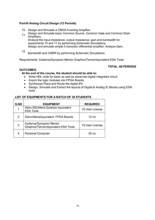 73
Part-III Analog Circuit Design (12 Periods)
10. Design and Simulate a CMOS Inverting Amplifier.
11.
Design and Simulate basic Common Source, Common Gate and Common Drain
Amplifiers.
Analyze the input impedance, output impedance, gain and bandwidth for
experiments 10 and 11 by performing Schematic Simulations.
12.
Design and simulate simple 5 transistor differential amplifier. Analyze Gain,
Bandwidth and CMRR by performing Schematic Simulations.
Requirements: Cadence/Synopsis/ Mentor Graphics/Tanner/equivalent EDA Tools
TOTAL :60 PERIODS
OUTCOMES:
At the end of the course, the student should be able to:
 Write HDL code for basic as well as advanced digital integrated circuit
 Import the logic modules into FPGA Boards
 Synthesize Place and Route the digital IPs
 Design, Simulate and Extract the layouts of Digital & Analog IC Blocks using EDA
tools
LIST OF EQUIPMENTS FOR A BATCH OF 30 STUDENTS
S.NO EQUIPMENT REQUIRED
1
Xilinx ISE/Altera Quartus/ equivalent
EDA Tools
10 User License
2 Xilinx/Altera/equivalent FPGA Boards 10 no
3
Cadence/Synopsis/ Mentor
Graphics/Tanner/equivalent EDA Tools
10 User License
4 Personal Computer 30 no
 
