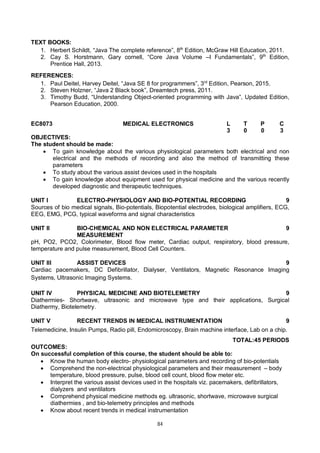 84
TEXT BOOKS:
1. Herbert Schildt, “Java The complete reference”, 8th
Edition, McGraw Hill Education, 2011.
2. Cay S. Horstmann, Gary cornell, “Core Java Volume –I Fundamentals”, 9th
Edition,
Prentice Hall, 2013.
REFERENCES:
1. Paul Deitel, Harvey Deitel, “Java SE 8 for programmers”, 3rd
Edition, Pearson, 2015.
2. Steven Holzner, “Java 2 Black book”, Dreamtech press, 2011.
3. Timothy Budd, “Understanding Object-oriented programming with Java”, Updated Edition,
Pearson Education, 2000.
EC8073 MEDICAL ELECTRONICS L T P C
3 0 0 3
OBJECTIVES:
The student should be made:
 To gain knowledge about the various physiological parameters both electrical and non
electrical and the methods of recording and also the method of transmitting these
parameters
 To study about the various assist devices used in the hospitals
 To gain knowledge about equipment used for physical medicine and the various recently
developed diagnostic and therapeutic techniques.
UNIT I ELECTRO-PHYSIOLOGY AND BIO-POTENTIAL RECORDING 9
Sources of bio medical signals, Bio-potentials, Biopotential electrodes, biological amplifiers, ECG,
EEG, EMG, PCG, typical waveforms and signal characteristics
UNIT II BIO-CHEMICAL AND NON ELECTRICAL PARAMETER
MEASUREMENT
9
pH, PO2, PCO2, Colorimeter, Blood flow meter, Cardiac output, respiratory, blood pressure,
temperature and pulse measurement, Blood Cell Counters.
UNIT III ASSIST DEVICES 9
Cardiac pacemakers, DC Defibrillator, Dialyser, Ventilators, Magnetic Resonance Imaging
Systems, Ultrasonic Imaging Systems.
UNIT IV PHYSICAL MEDICINE AND BIOTELEMETRY 9
Diathermies- Shortwave, ultrasonic and microwave type and their applications, Surgical
Diathermy, Biotelemetry.
UNIT V RECENT TRENDS IN MEDICAL INSTRUMENTATION 9
Telemedicine, Insulin Pumps, Radio pill, Endomicroscopy, Brain machine interface, Lab on a chip.
TOTAL:45 PERIODS
OUTCOMES:
On successful completion of this course, the student should be able to:
 Know the human body electro- physiological parameters and recording of bio-potentials
 Comprehend the non-electrical physiological parameters and their measurement – body
temperature, blood pressure, pulse, blood cell count, blood flow meter etc.
 Interpret the various assist devices used in the hospitals viz. pacemakers, defibrillators,
dialyzers and ventilators
 Comprehend physical medicine methods eg. ultrasonic, shortwave, microwave surgical
diathermies , and bio-telemetry principles and methods
 Know about recent trends in medical instrumentation
 