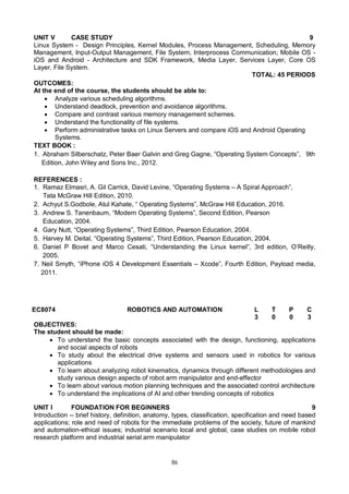 86
UNIT V CASE STUDY 9
Linux System - Design Principles, Kernel Modules, Process Management, Scheduling, Memory
Management, Input-Output Management, File System, Interprocess Communication; Mobile OS -
iOS and Android - Architecture and SDK Framework, Media Layer, Services Layer, Core OS
Layer, File System.
TOTAL: 45 PERIODS
OUTCOMES:
At the end of the course, the students should be able to:
 Analyze various scheduling algorithms.
 Understand deadlock, prevention and avoidance algorithms.
 Compare and contrast various memory management schemes.
 Understand the functionality of file systems.
 Perform administrative tasks on Linux Servers and compare iOS and Android Operating
Systems.
TEXT BOOK :
1. Abraham Silberschatz, Peter Baer Galvin and Greg Gagne, “Operating System Concepts”, 9th
Edition, John Wiley and Sons Inc., 2012.
REFERENCES :
1. Ramaz Elmasri, A. Gil Carrick, David Levine, “Operating Systems – A Spiral Approach”,
Tata McGraw Hill Edition, 2010.
2. Achyut S.Godbole, Atul Kahate, “ Operating Systems”, McGraw Hill Education, 2016.
3. Andrew S. Tanenbaum, “Modern Operating Systems”, Second Edition, Pearson
Education, 2004.
4. Gary Nutt, “Operating Systems”, Third Edition, Pearson Education, 2004.
5. Harvey M. Deital, “Operating Systems”, Third Edition, Pearson Education, 2004.
6. Daniel P Bovet and Marco Cesati, “Understanding the Linux kernel”, 3rd edition, O’Reilly,
2005.
7. Neil Smyth, “iPhone iOS 4 Development Essentials – Xcode”, Fourth Edition, Payload media,
2011.
EC8074 ROBOTICS AND AUTOMATION L T P C
3 0 0 3
OBJECTIVES:
The student should be made:
 To understand the basic concepts associated with the design, functioning, applications
and social aspects of robots
 To study about the electrical drive systems and sensors used in robotics for various
applications
 To learn about analyzing robot kinematics, dynamics through different methodologies and
study various design aspects of robot arm manipulator and end-effector
 To learn about various motion planning techniques and the associated control architecture
 To understand the implications of AI and other trending concepts of robotics
UNIT I FOUNDATION FOR BEGINNERS 9
Introduction -- brief history, definition, anatomy, types, classification, specification and need based
applications; role and need of robots for the immediate problems of the society, future of mankind
and automation-ethical issues; industrial scenario local and global, case studies on mobile robot
research platform and industrial serial arm manipulator
 