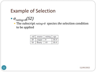 Example of Selection
12/09/2022
12
 σrating>8(S2)
 The subscript rating>8 species the selection condition
to be applied
 