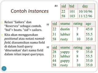 Contoh Instances
7
 Relasi “Sailors” dan
“Reserves” sebagai contoh.
“bid”= boats. “sid”= sailors.
 Kita akan menggunakan
positional atau notasi named-
field, diasumsikan nama field
di dalam hasil query
‘diturunkan’ dari nama field
dalam relasi input querynya.
sid sname rating age
22 dustin 7 45.0
31 lubber 8 55.5
58 rusty 10 35.0
sid sname rating age
28 yuppy 9 35.0
31 lubber 8 55.5
44 guppy 5 35.0
58 rusty 10 35.0
sid bid day
22 101 10/10/96
58 103 11/12/96
R1
S1
S2
 