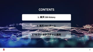 4
CONTENTS
1. 楽天 DB History
2. 楽天 DBA チーム
3. DB アーキテクチャと運用
 