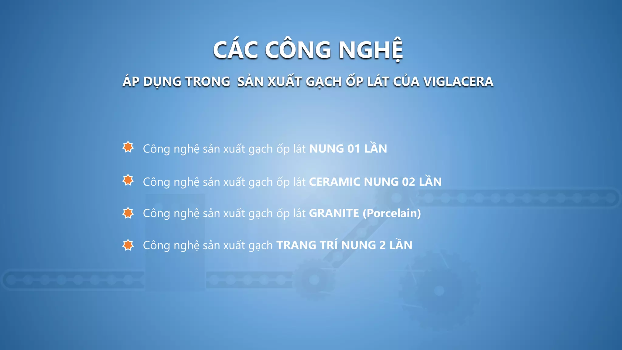 CÁC CÔNG NGHỆ
ÁP DỤNG TRONG SẢN XUẤT GẠCH ỐP LÁT CỦA VIGLACERA
Công nghệ sản xuất gạch ốp lát NUNG 01 LẦN
Công nghệ sản xuất gạch ốp lát CERAMIC NUNG 02 LẦN
Công nghệ sản xuất gạch ốp lát GRANITE (Porcelain)
Công nghệ sản xuất gạch TRANG TRÍ NUNG 2 LẦN
 