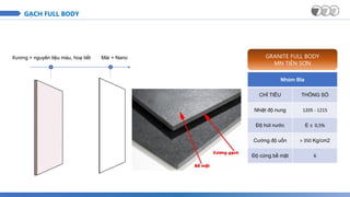 Xương + nguyên liệu màu, hoạ tiết Mài + Nano GRANITE FULL BODY
MN TIÊN SƠN
Nhóm BIa
CHỈ TIÊU THÔNG SỐ
Nhiệt độ nung 1205 - 1215
Độ hút nước E ≤ 0,5%
Cường độ uốn > 350 Kg/cm2
Độ cứng bề mặt 6
GẠCH FULL BODY
 