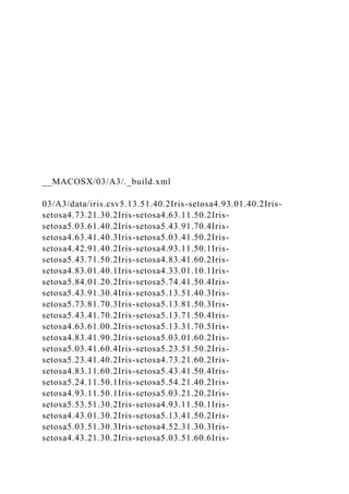 __MACOSX/03/A3/._build.xml
03/A3/data/iris.csv5.13.51.40.2Iris-setosa4.93.01.40.2Iris-
setosa4.73.21.30.2Iris-setosa4.63.11.50.2Iris-
setosa5.03.61.40.2Iris-setosa5.43.91.70.4Iris-
setosa4.63.41.40.3Iris-setosa5.03.41.50.2Iris-
setosa4.42.91.40.2Iris-setosa4.93.11.50.1Iris-
setosa5.43.71.50.2Iris-setosa4.83.41.60.2Iris-
setosa4.83.01.40.1Iris-setosa4.33.01.10.1Iris-
setosa5.84.01.20.2Iris-setosa5.74.41.50.4Iris-
setosa5.43.91.30.4Iris-setosa5.13.51.40.3Iris-
setosa5.73.81.70.3Iris-setosa5.13.81.50.3Iris-
setosa5.43.41.70.2Iris-setosa5.13.71.50.4Iris-
setosa4.63.61.00.2Iris-setosa5.13.31.70.5Iris-
setosa4.83.41.90.2Iris-setosa5.03.01.60.2Iris-
setosa5.03.41.60.4Iris-setosa5.23.51.50.2Iris-
setosa5.23.41.40.2Iris-setosa4.73.21.60.2Iris-
setosa4.83.11.60.2Iris-setosa5.43.41.50.4Iris-
setosa5.24.11.50.1Iris-setosa5.54.21.40.2Iris-
setosa4.93.11.50.1Iris-setosa5.03.21.20.2Iris-
setosa5.53.51.30.2Iris-setosa4.93.11.50.1Iris-
setosa4.43.01.30.2Iris-setosa5.13.41.50.2Iris-
setosa5.03.51.30.3Iris-setosa4.52.31.30.3Iris-
setosa4.43.21.30.2Iris-setosa5.03.51.60.6Iris-
 