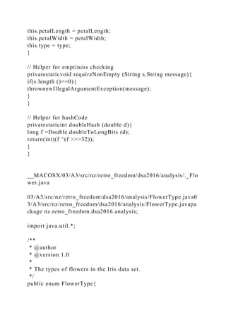 this.petalLength = petalLength;
this.petalWidth = petalWidth;
this.type = type;
}
// Helper for emptiness checking
privatestaticvoid requireNonEmpty (String s,String message){
if(s.length ()==0){
thrownewIllegalArgumentException(message);
}
}
// Helper for hashCode
privatestaticint doubleHash (double d){
long f =Double.doubleToLongBits (d);
return(int)(f ^(f >>>32));
}
}
__MACOSX/03/A3/src/nz/retro_freedom/dsa2016/analysis/._Flo
wer.java
03/A3/src/nz/retro_freedom/dsa2016/analysis/FlowerType.java0
3/A3/src/nz/retro_freedom/dsa2016/analysis/FlowerType.javapa
ckage nz.retro_freedom.dsa2016.analysis;
import java.util.*;
/**
* @author
* @version 1.0
*
* The types of flowers in the Iris data set.
*/
public enum FlowerType{
 