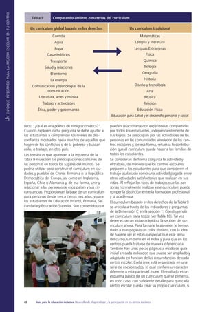 U
n
enfoque
integrado
para
la
mejora
escolar
en
tu
centro
40 Guía para la educación inclusiva. Desarrollando el aprendizaje y la participación en los centros escolares
ricos: “¿Qué es una política de inmigración ética?”.
Cuando exploren dicha pregunta se debe ayudar a
los estudiantes a comprender los niveles de des-
confianza mostrados hacia muchos de aquellos que
huyen de los conflictos o de la pobreza y buscan
asilo, o trabajo, en otro país.
Las temáticas que aparecen a la izquierda de la
Tabla 9 muestran las preocupaciones comunes de
las personas en todos los lugares del mundo. Se
podría utilizar para construir el curriculum en ciu-
dades y pueblos de China, Birmania o la República
Democrática del Congo, así como en Inglaterra,
España, Chile o Alemania y, de esa forma, unir y
relacionar a las personas de esos países y sus cir-
cunstancias. Proporcionan la base de un curriculum
para personas desde tres a ciento tres años, y para
los estudiantes de Educación Infantil, Primaria, Se-
cundaria y Educación Superior. Son contenidos que
pueden relacionarse con experiencias compartidas
por todos los estudiantes, independientemente de
sus logros. Se preocupan por las actividades de las
personas en las comunidades alrededor de los cen-
tros escolares y, de esa forma, refuerza la contribu-
ción que el curriculum puede hacer a las familias de
todos los estudiantes.
Se consideran de forma conjunta la actividad y
el trabajo, de manera que los centros escolares
preparen a los estudiantes para que consideren el
trabajo asalariado como una actividad pagada entre
otras actividades satisfactorias que realizan en sus
vidas. Al reflejar los tipos de trabajos que las per-
sonas normalmente realizan este curriculum puede
romper la distinción entre la formación profesional
y la académica.
El curriculum basado en los derechos de la Tabla 9
se articula a través de los indicadores y preguntas
de la Dimensión C en la sección 1: Construyendo
un curriculum para todos (ver Tabla 10). Tal vez
desee echar un vistazo rápido a la sección del cu-
rriculum ahora. Para llamarle la atención le hemos
dado a esas páginas un color distinto, con la idea
de hacerle ver el estatus especial que este tema
del curriculum tiene en el Index y para que en los
centros pueda tratarse de manera diferenciada.
También hay unas pocas páginas a modo de guía
inicial en cada indicador, que puede ser ampliado y
adaptado en función de las circunstancias de cada
centro escolar. Cada área está organizada en una
serie de encabezados, lo cual confiere un carácter
diferente a esta parte del Index. El resultado es un
esquema básico de un curriculum que se presenta,
en todo caso, con suficiente detalle para que cada
centro escolar pueda crear su propio curriculum, si
Tabla 9 Comparando ámbitos o materias del curriculum
Un curriculum global basado en los derechos Un curriculum tradicional
Comida
Agua
Ropa
Casas/edificios
Transporte
Salud y relaciones
El entorno
La energía
Comunicación y tecnologías de la
comunicación
Literatura, artes y música
Trabajo y actividades
Ética, poder y gobernanza
Matemáticas
Lengua y literatura
Lenguas Extranjeras
Física
Química
Biología
Geografía
Historia
Diseño y tecnología
Arte
Música
Religión
Educación Física
Educación para Salud y el desarrollo personal y social
 