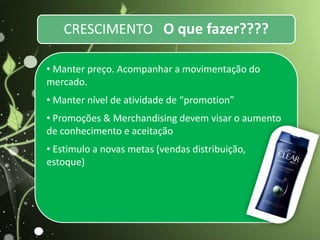 • Manter preço. Acompanhar a movimentação do
mercado.
• Manter nível de atividade de “promotion”
• Promoções & Merchandising devem visar o aumento
de conhecimento e aceitação
• Estimulo a novas metas (vendas distribuição,
estoque)
CRESCIMENTO O que fazer????
 
