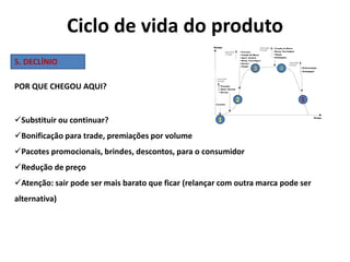 Ciclo de vida do produto
1
2
3 4
5
5. DECLÍNIO
Substituir ou continuar?
Bonificação para trade, premiações por volume
Pacotes promocionais, brindes, descontos, para o consumidor
Redução de preço
Atenção: sair pode ser mais barato que ficar (relançar com outra marca pode ser
alternativa)
POR QUE CHEGOU AQUI?
 