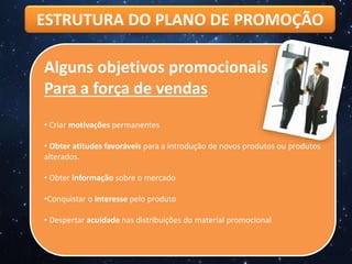 ESTRUTURA DO PLANO DE PROMOÇÃO
Alguns objetivos promocionais
Para a força de vendas
• Criar motivações permanentes
• Obter atitudes favoráveis para a introdução de novos produtos ou produtos
alterados.
• Obter informação sobre o mercado
•Conquistar o interesse pelo produto
• Despertar acuidade nas distribuições do material promocional
 