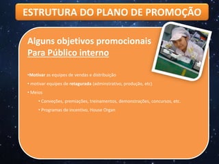 ESTRUTURA DO PLANO DE PROMOÇÃO
Alguns objetivos promocionais
Para Público interno
•Motivar as equipes de vendas e distribuição
• motivar equipes de retagurada (adminstrativo, produção, etc)
• Meios
• Conveções, premiações, treinamentos, demonstrações, concursos, etc.
• Programas de incentivo, House Organ
 