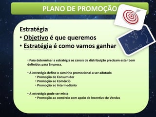 PLANO DE PROMOÇÃO
Estratégia
• Objetivo é que queremos
• Estratégia é como vamos ganhar
• Para determinar a estratégia os canais de distribuição precisam estar bem
definidos para Empresa.
• A estratégia define o caminho promocional a ser adotado
• Promoção de Consumidor
• Promoção ao Comércio
• Promoção ao Intermediário
• A estratégia pode ser mista
• Promoção ao comércio com apoio de Incentivo de Vendas
 