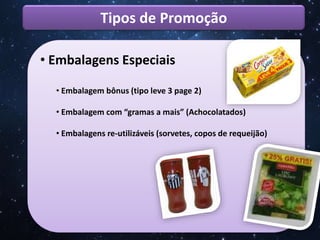 Tipos de Promoção
• Embalagens Especiais
• Embalagem bônus (tipo leve 3 page 2)
• Embalagem com “gramas a mais” (Achocolatados)
• Embalagens re-utilizáveis (sorvetes, copos de requeijão)
 