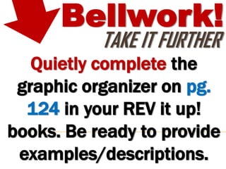 Bellwork!
           TAKE IT FURTHER
   Quietly complete the
 graphic organizer on pg.
  124 in your REV it up!
books. Be ready to provide
 examples/descriptions.
 