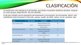 La clasificación más utilizada es la de Narakas, que divide a la parálisis obstétrica del plexo braquial
en cuatro grupos, dependiendo del sitio afectado.
Es de gran utilidad para la planeación del tratamiento y el pronóstico. Se recomienda aplicar esta
clasificación entre la semana 2-4 de vida, porque puede ser difícil valorar en los primeros días.
Parálisis obstétrica del plexo braquialObstetric brachial plexus palsyGabriel Fraind-Maya,1 Luis Eduardo Loyo-Soriano,2 Alfonso Migoya-Nuño3. CrIterIo pediátrico Acta Pediatr Mex. 2021; 42
(2): 85-8.
 