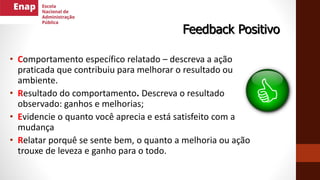 Feedback Positivo
• Comportamento específico relatado – descreva a ação
praticada que contribuiu para melhorar o resultado ou
ambiente.
• Resultado do comportamento. Descreva o resultado
observado: ganhos e melhorias;
• Evidencie o quanto você aprecia e está satisfeito com a
mudança
• Relatar porquê se sente bem, o quanto a melhoria ou ação
trouxe de leveza e ganho para o todo.
 