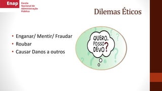 Dilemas Éticos
• Enganar/ Mentir/ Fraudar
• Roubar
• Causar Danos a outros
 