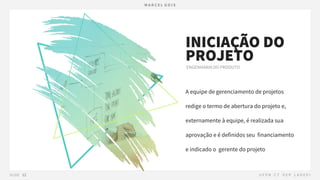 A equipe de gerenciamento de projetos
redige o termo de abertura do projeto e,
externamente à equipe, é realizada sua
aprovação e é definidos seu financiamento
e indicado o gerente do projeto
INICIAÇÃO DO
PROJETO
 