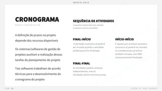CRONOGRAMA
A definição de prazos no projeto
depende dos recursos disponíveis
Os sistemas/softwares de gestão de
projetos auxiliam a realização dessas
tarefas do planejamento do projeto
Tais softwares trabalham de acordo
técnicas para o desenvolvimento do
cronograma do projeto
INÍCIO-INÍCIO
SEQUÊNCIA DE ATIVIDADES
FINAL-INÍCIO
FINAL-FINAL
 