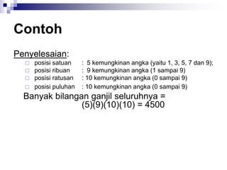 Contoh
Penyelesaian:
 posisi satuan : 5 kemungkinan angka (yaitu 1, 3, 5, 7 dan 9);
 posisi ribuan : 9 kemungkinan angka (1 sampai 9)
 posisi ratusan : 10 kemungkinan angka (0 sampai 9)
 posisi puluhan : 10 kemungkinan angka (0 sampai 9)
Banyak bilangan ganjil seluruhnya =
(5)(9)(10)(10) = 4500
 