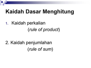 Kaidah Dasar Menghitung
1. Kaidah perkalian
(rule of product)
2. Kaidah penjumlahan
(rule of sum)
 