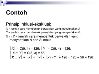 Contoh
Prinsip inklusi-eksklusi:
X = jumlah cara membentuk perwakilan yang menyertakan A
Y = jumlah cara membentuk perwakilan yang menyertakan B
X  Y = jumlah cara membentuk perwakilan yang
menyertakan A dan B, maka
X = C(9, 4) = 126; Y = C(9, 4) = 126;
 X  Y = C(8, 3) = 56;
X  Y = X + Y - X  Y = 126 + 126 – 56 = 196
 