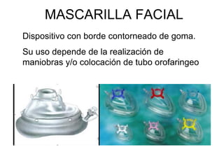 MASCARILLA FACIAL
Dispositivo con borde contorneado de goma.
Su uso depende de la realización de
maniobras y/o colocación de tubo orofaringeo
 