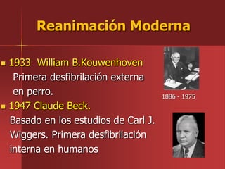  1933 William B.Kouwenhoven
Primera desfibrilación externa
en perro.
 1947 Claude Beck.
Basado en los estudios de Carl J.
Wiggers. Primera desfibrilación
interna en humanos
Reanimación Moderna
1886 - 1975
 