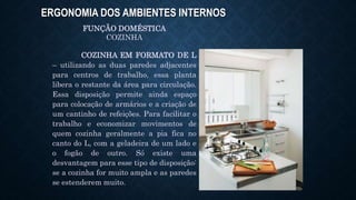 ERGONOMIA DOS AMBIENTES INTERNOS
FUNÇÃO DOMÉSTICA
COZINHA
COZINHA EM FORMATO DE L
– utilizando as duas paredes adjacentes
para centros de trabalho, essa planta
libera o restante da área para circulação.
Essa disposição permite ainda espaço
para colocação de armários e a criação de
um cantinho de refeições. Para facilitar o
trabalho e economizar movimentos de
quem cozinha geralmente a pia fica no
canto do L, com a geladeira de um lado e
o fogão de outro. Só existe uma
desvantagem para esse tipo de disposição:
se a cozinha for muito ampla e as paredes
se estenderem muito.
 