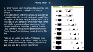 HOME THEATER
O Home Theater é um dos ambientes que mais vem
ganhando destaque e novidades nos últimos
tempos.
É considerado um ambiente versátil, já que além do
convívio social, oferece entretenimento tecnológico.
Vantagem de peso nos tempos de hoje, visto que a
tecnologia é uma constante em nossas vidas. Tanto
que foi ela, a responsável por alavancar o home
theater através das televisões grandes e fininhas
(led). Sem falar nos aparelhos propriamente ditos
"home theater" composto por caixas de som e Blu
Ray.
Pode até ser usada para outras finalidades como
jogar vídeo game, ou até mesmo assistir tv, porém
com uma qualidade muito superior, característica
que uma sala de tv comum não oferece.
 