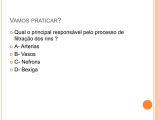 VAMOS PRATICAR?
 Qual o principal responsável pelo processo de
filtração dos rins ?
 A- Arterias
 B- Vasos
 C- Nefrons
 D- Bexiga
 