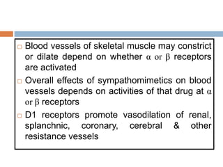  Blood vessels of skeletal muscle may constrict
or dilate depend on whether α or β receptors
are activated
 Overall effects of sympathomimetics on blood
vessels depends on activities of that drug at α
or β receptors
 D1 receptors promote vasodilation of renal,
splanchnic, coronary, cerebral & other
resistance vessels
 