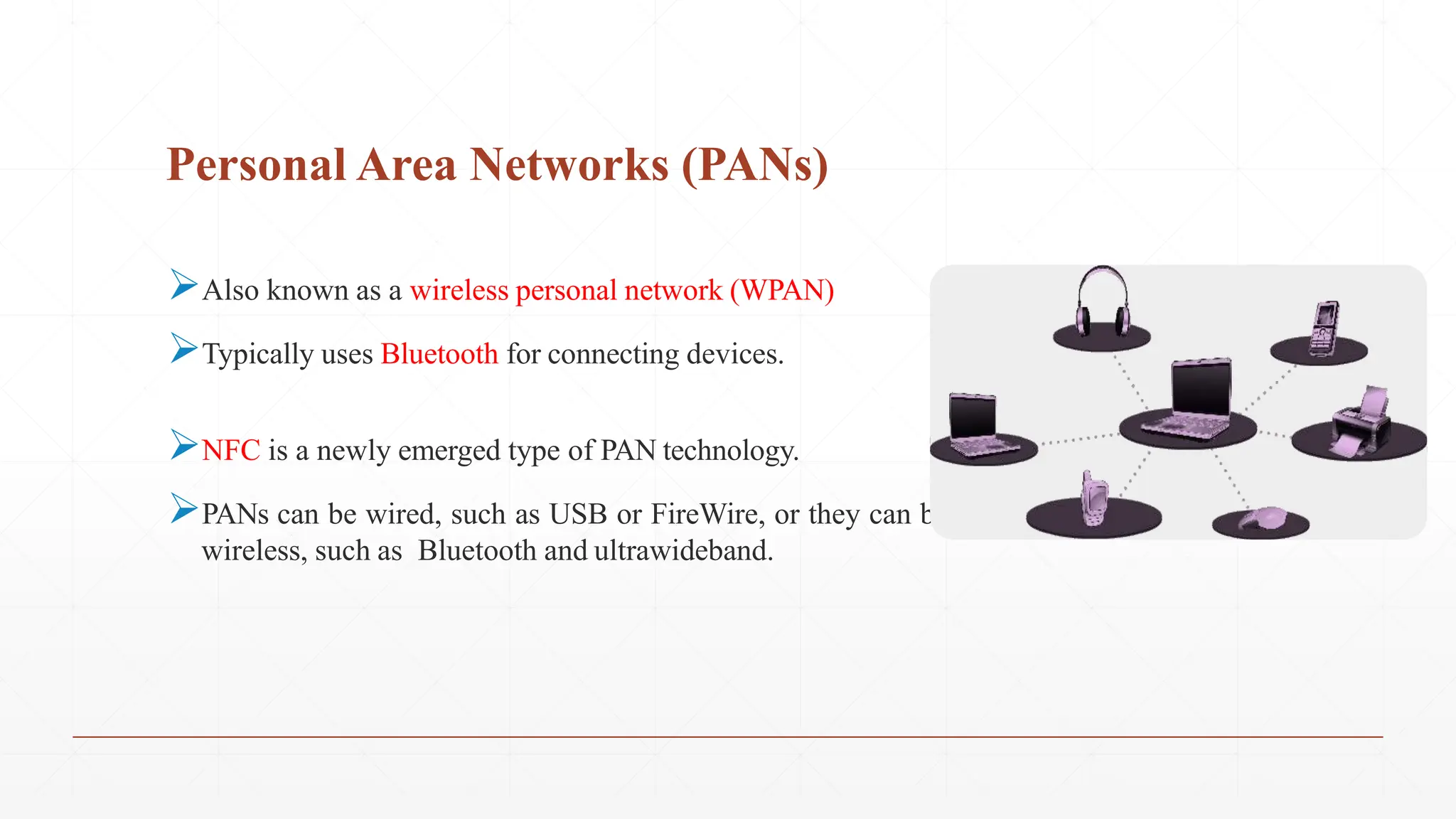 Personal Area Networks (PANs)
Also known as a wireless personal network (WPAN)
Typically uses Bluetooth for connecting devices.
NFC is a newly emerged type of PAN technology.
PANs can be wired, such as USB or FireWire, or they can be
wireless, such as Bluetooth and ultrawideband.
 