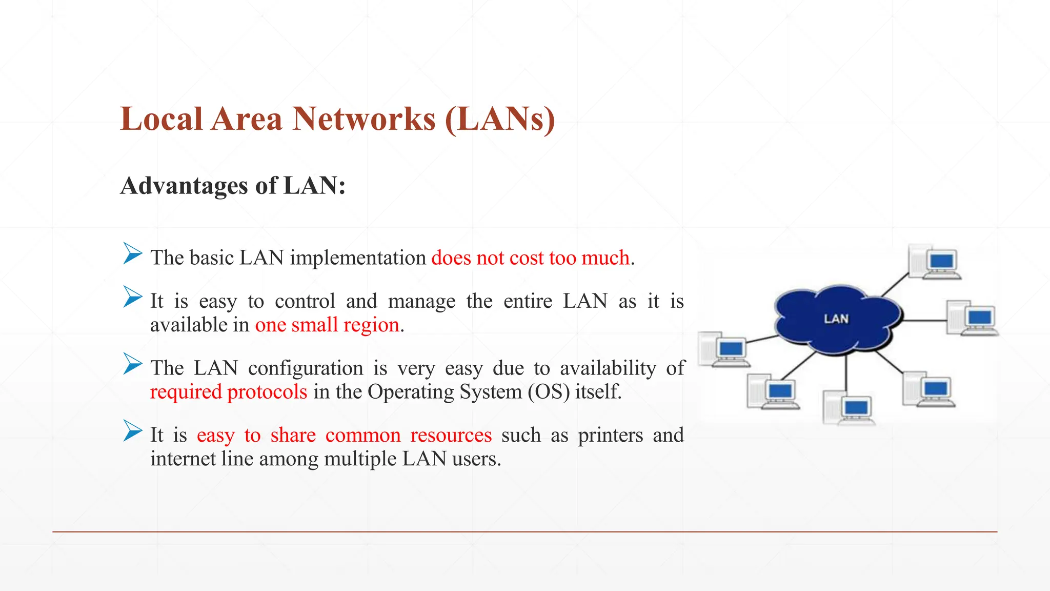 Local Area Networks (LANs)
Advantages of LAN:
The basic LAN implementation does not cost too much.
It is easy to control and manage the entire LAN as it is
available in one small region.
The LAN configuration is very easy due to availability of
required protocols in the Operating System (OS) itself.
It is easy to share common resources such as printers and
internet line among multiple LAN users.
 