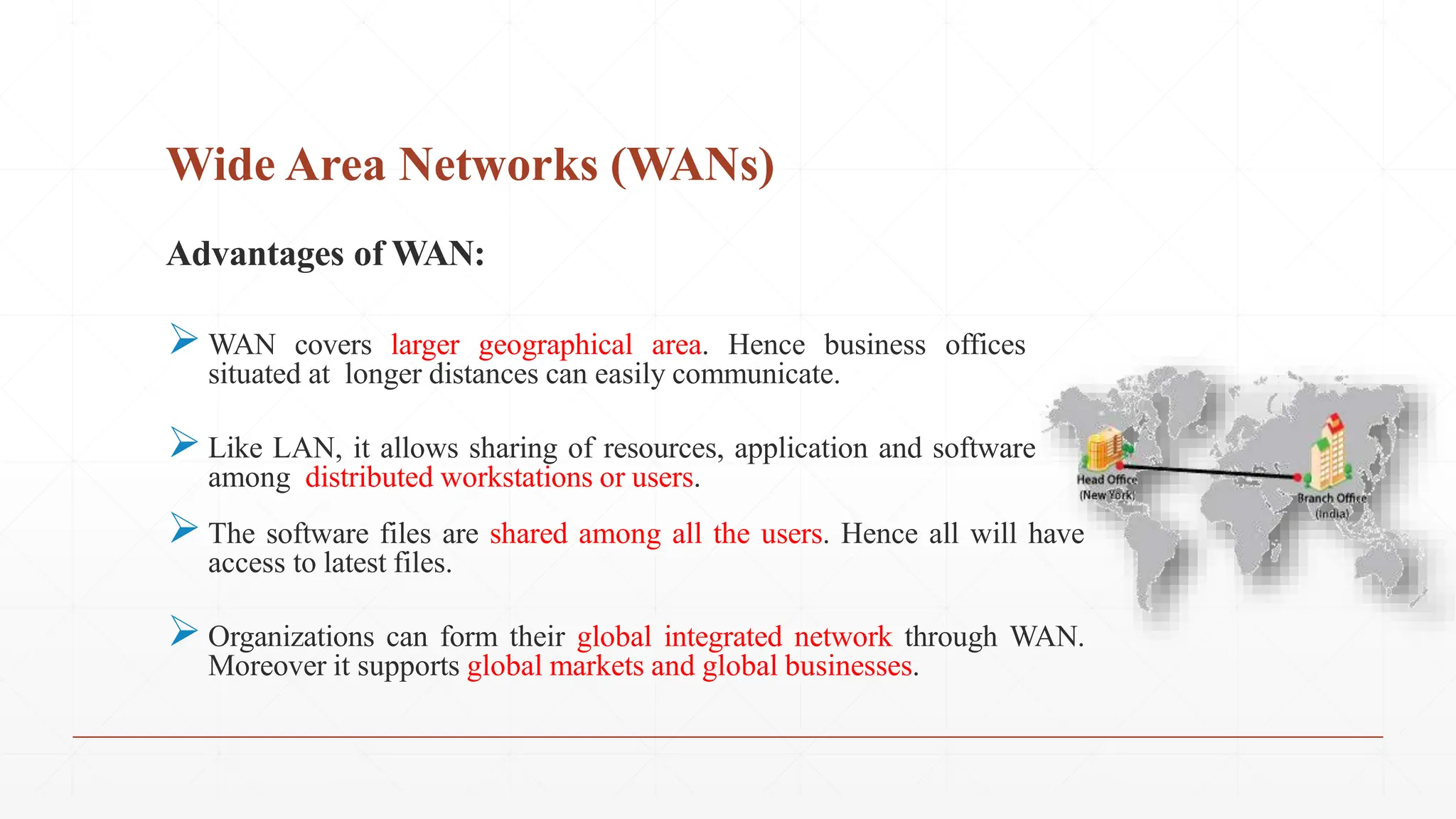 Wide Area Networks (WANs)
Advantages of WAN:
WAN covers larger geographical area. Hence business offices
situated at longer distances can easily communicate.
Like LAN, it allows sharing of resources, application and software
among distributed workstations or users.
The software files are shared among all the users. Hence all will have
access to latest files.
Organizations can form their global integrated network through WAN.
Moreover it supports global markets and global businesses.
 